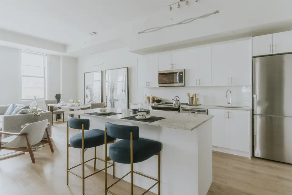 High-quality apartment interior with modern kitchen and living area in Atria development