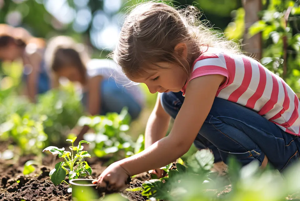 Child gardening in sustainable community representing Atria eco-friendly initiatives